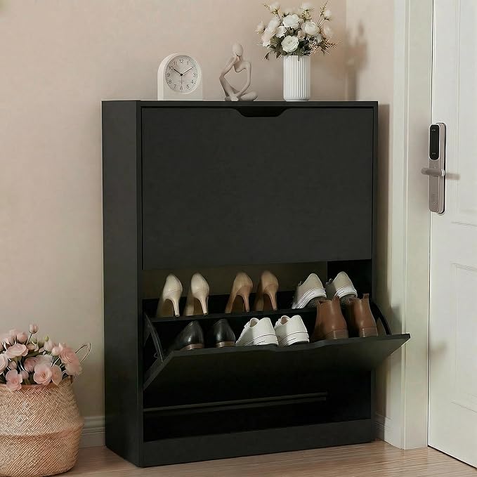 Shoe Cabinet Organizer with 2 Flip Drawers, Freestanding Narrow Rack with Adjustable & Removable Shelves, Slim Shoe Storage for Entryway, Foyer, Hallway, Black