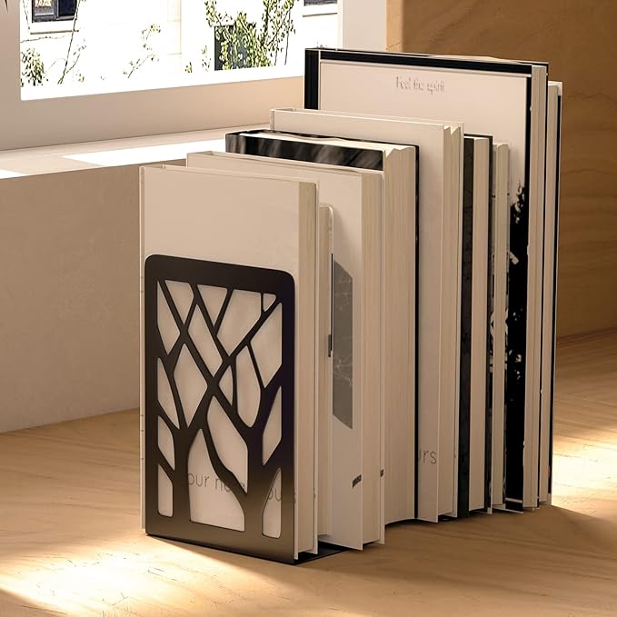 MaxGear Book Ends Tree Design Modern Bookends for Shelves, Non-Skid Bookend, Heavy Duty Metal Book Stopper for Books/CDs, Decorative Books Shelf Home, 7 x 4.7 x 3.5”, Black, 8 Pair/16 Pieces, Large
