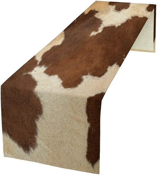 Cow Print Table Runner,Farmhouse Western White Brown Cowhide Pattern Table Runner for Coffee Table Dining Room Table Bedroom Party Holiday Decor 13x120inch