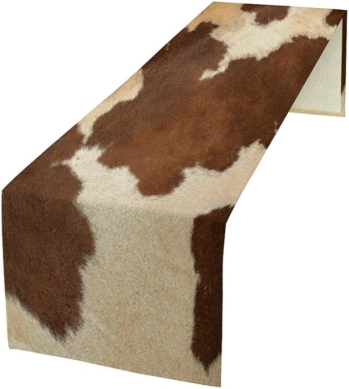 Cow Print Table Runner,Farmhouse Western White Brown Cowhide Pattern Table Runner for Coffee Table Dining Room Table Bedroom Party Holiday Decor 13x36inch