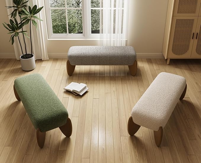 CIMOTA Green End of Bed Bench for Bedroom/Hallway/Dress Room/Living Room, Modern Entryway Bench, Boucle Window Bench with Padded Seat/Scalloped Wooden Legs, 50 Inch Long/Chenille