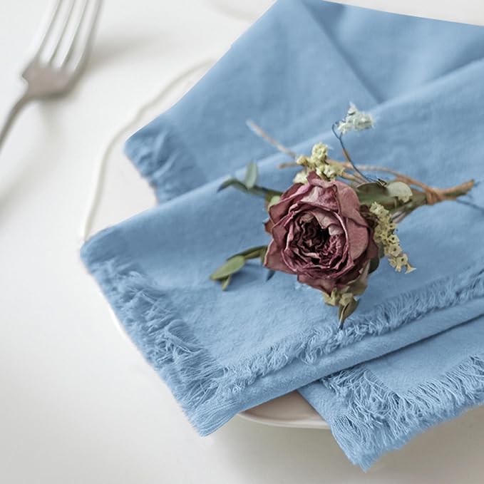 Handmade Cloth Napkins 100% Cotton Napkins with Fringe，Delicate Handmade Cloth Napkins for Dinners, Parties, Weddings and More，18 x 18 Inch Set of 4 - Blue