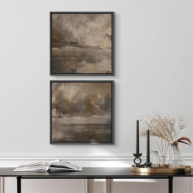 SIGNFORD Framed Canvas Print Wall Art Set Abstract Seascape Horizon Neutral Coastal Landscape Modern Art Relax/Calm for Living Room, Bedroom, Office - 24"x24"x2 BLACK