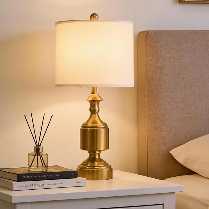 BOBOMOMO Gold Table Lamps Set of 2-20.5" Modern Metal Bedside Lamps for Nightstand, Mid-Century Night Stand Lamps with Linen Shade, Small Lamps for Bedroom Side Table & Home Office