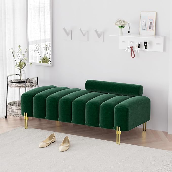 Modern Bench for Bedroom, 52.2" Channel Tufted End of Bed Bench, Long Ottoman Bench Small Window Entryway Footrest with Adjustable Back Golden Legs for Hallway, Emerald Green, Velvet