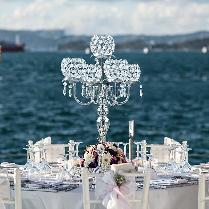Set of 4 Candlesticks 5 Arm Crystal Strap Pendant Silver Table Decor Candelabra, 22.5 inches Elegant Dining Room Centerpieces for Holiday Parties Weddings (4, Silver)