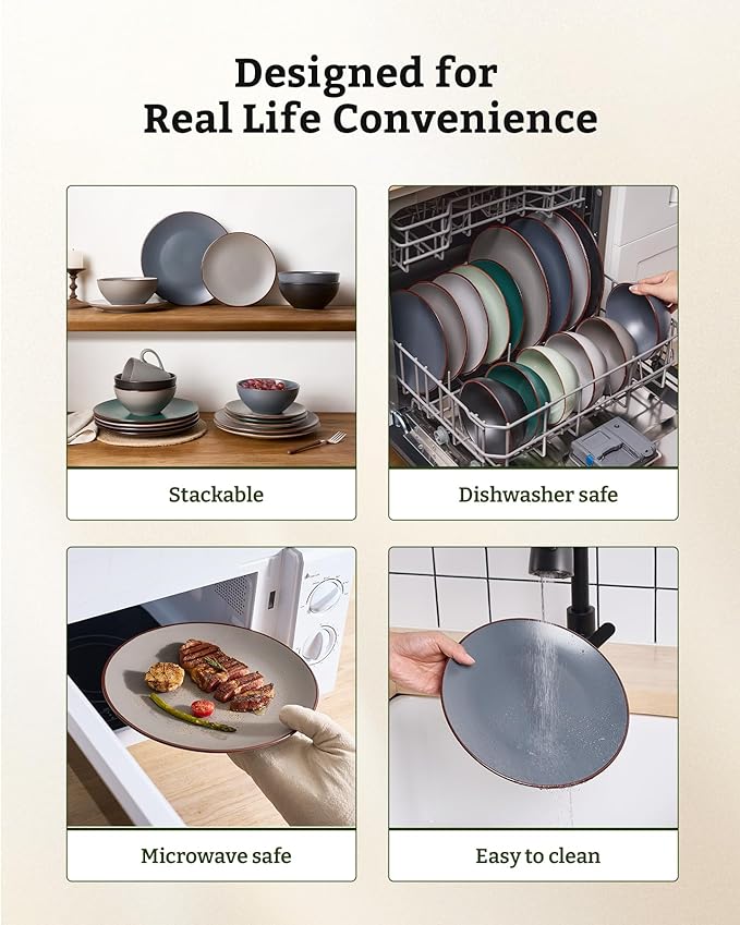 Famiware Venus Speckled Dinnerware Set with Pasta Bowls for 4 (16 Pieces), Stoneware Plates and Double Bowls, Assorted Colors - Microwave & Dishwasher Safe Dishes with Trim for Everyday & Formal Use