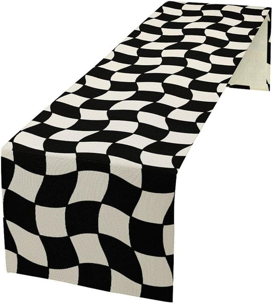 Black White Plaid Table Runner Hippie Abstract Plaid Racing Car Birthday Party Decoration Kitchen Dining Room Decor 13x108in