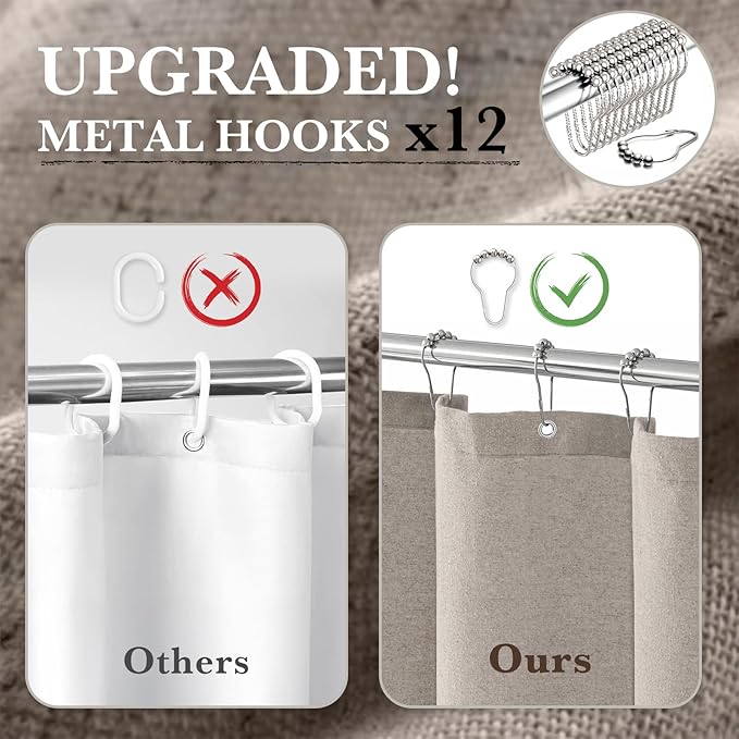 Seasonwood Small Shower Curtain Linen Shower Curtain Neutral Farmhouse Shower Curtains for Bathroom Boho Bathroom Decor with 12 Sturdy Stainless Steel Sliding Hangers(Taupe,36x72 Inches)