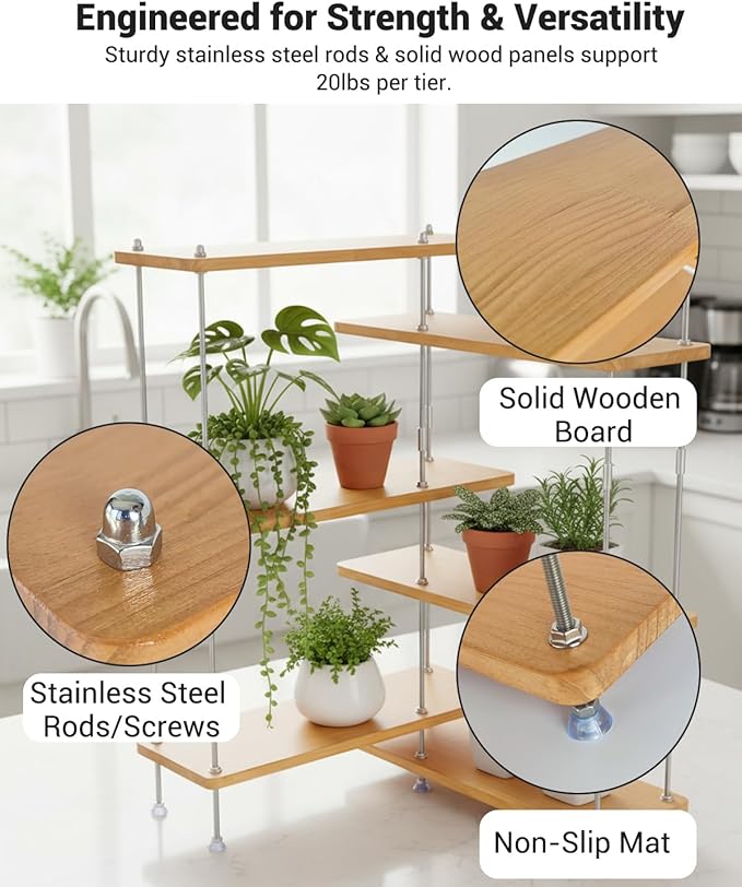 VINIUSIKI DIY Adjustable 6 Tier L-Shaped Countertop Shelf Organizer, Kitchen Spice Rack for Countertop, Wood Coffee Counter Shelf Organizer for Home Break Room- 15.7"x15.7"x24.01" (LxWxH), Amber