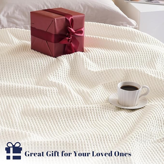 PHF Pre-Washed 100% Cotton Waffle Weave Blanket Queen Size for Bed,Snag Proof Throw Blanket for Couch Spring Summer Lightweight Breathable,Machine Washable, Home Decor Gift - Cream