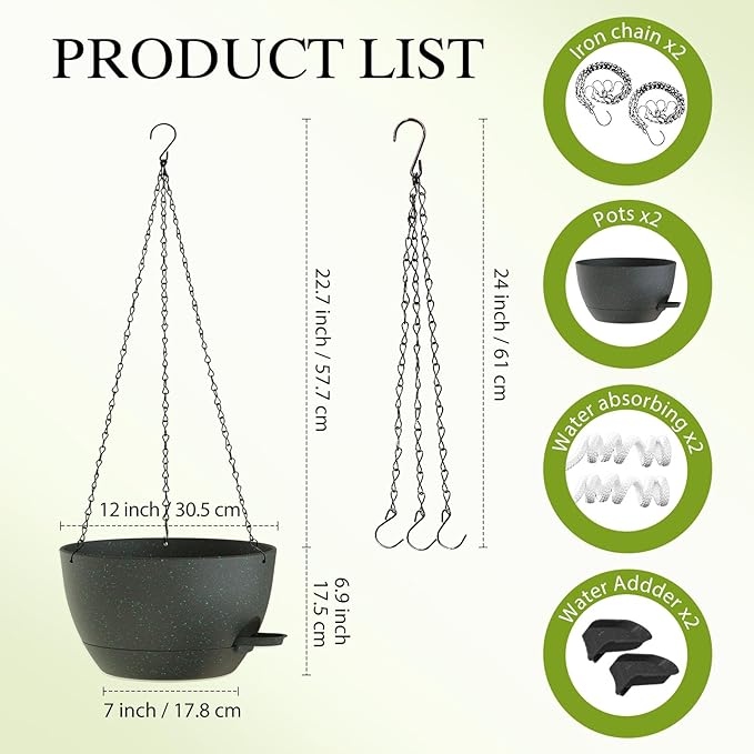 12 Inch Hanging Baskets 2 PC with Chains, Self-Watering Hanging Planters for Indoor Outdoor Plants, Plastic Hanging Flower Pots, Black with Green Speckles