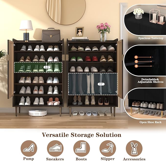HLR Shoe Cabinet Storage for Entryway, 6-Tiers Modern Shoes Cabinet with Fluted Doors, Wood Shoes Rack with Adjustable Shelves, Shoe Organizer for Front Door Entrance, Living Room, Brown