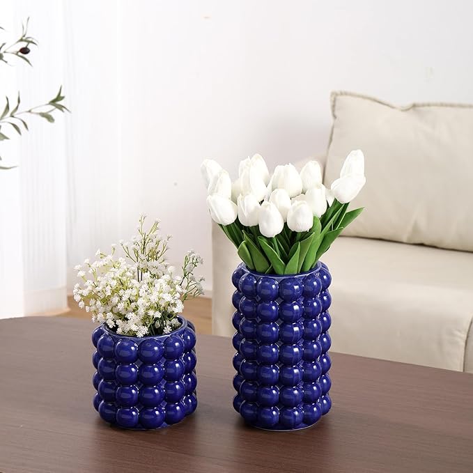 Bubble Vases, Set of 2 Blue Ceramic Vases for Flowers, Unique Short Vase for Tulips, Tall Bubble Vase for Coffe Table Decor, Decorative Vases for Living Room, Dining Table, Wedding
