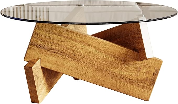 Honyee Modern Round Coffee Table, 30.7" x 30.7" x 16.1" Tempered Glass Top for Living Room, Color: Natural Wood