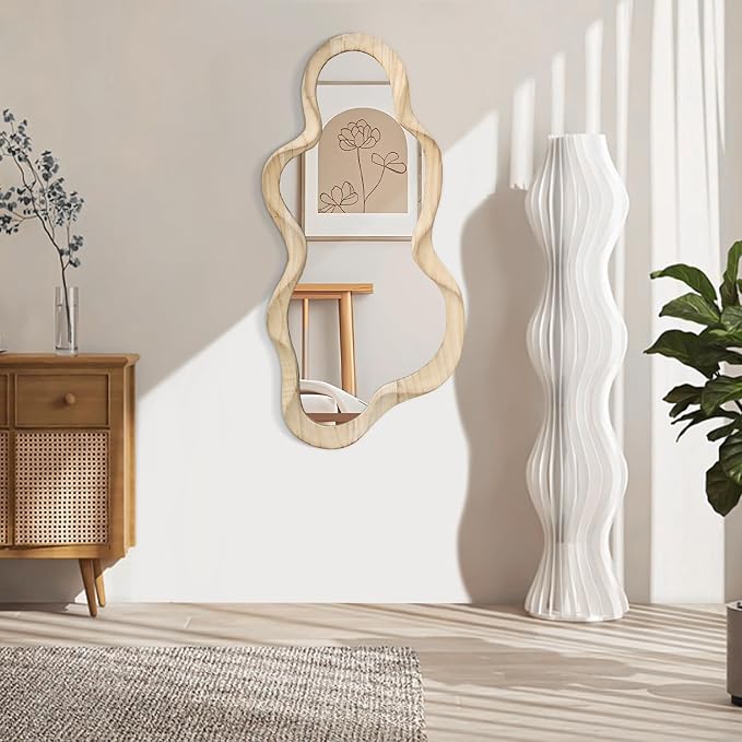 Large Asymmetrical Mirror Irregular Modern Cloud Wall Mirror Wood Frame Unique Shape Artistic Wall Mounted Vanity Mirror Decorative for Living Room Bedroom Bathroom Entryway Hallway