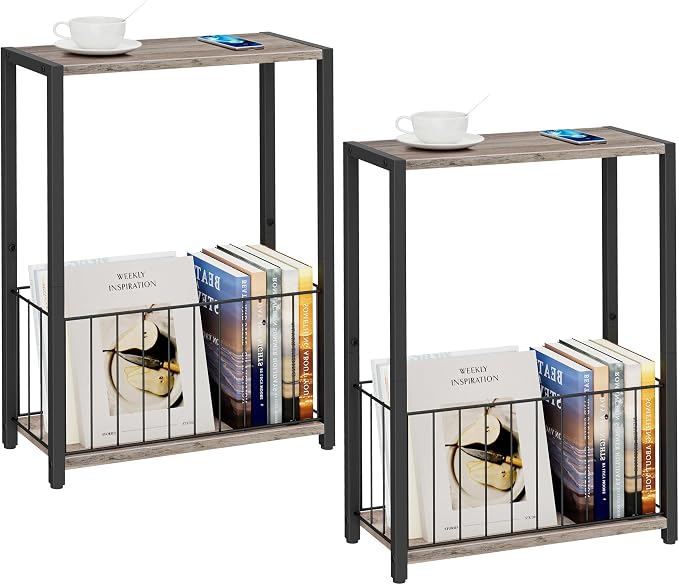 Homleke Narrow Side Tables Set of 2 with Magazine Holder, Skinny End Tables Perfect for Small Spaces, Space-Saving Design for Living Room, Bedroom, or Office, 7.1" D x 16.9" W x 23.6" H, Greige