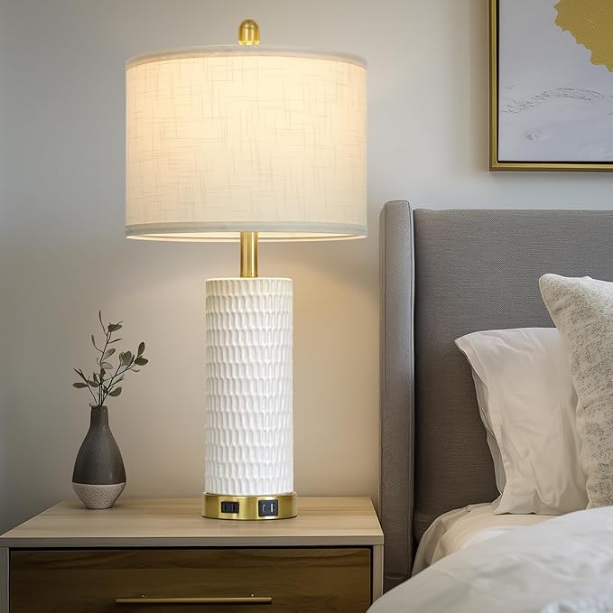 27" White Ceramic Lamps for Living Room, 3-Way Dimmable Touch Ceramic Table Lamp Set of 2 for Bedroom，Rustic Farmhouse Bedside Lamp with USB A+C & Outlets, Elegant Bedroom Lamp for Nightstand