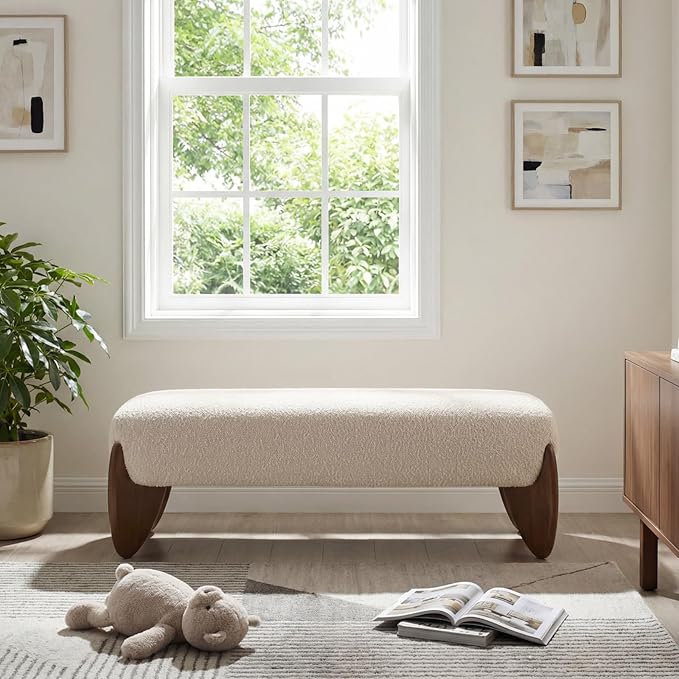 CIMOTA Boucle Entryway Bench Modern Beige End of Bed Bench for Bedroom/Hallway Mudroom/Living Room, Window Bench with Padded Seat/Scalloped Wooden Legs, 50 Inch Long/Sherpa