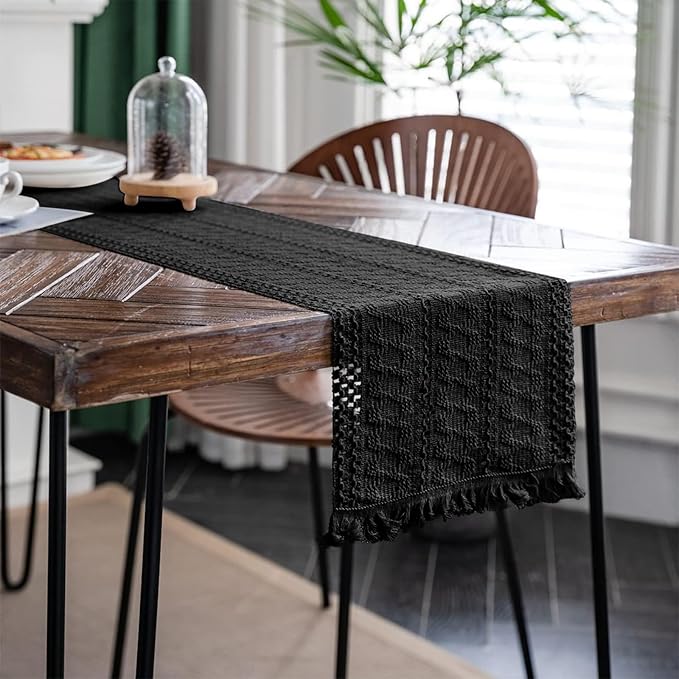 Macrame Table Runner Pure Black Boho Table Runners with Tassels Hand Woven Cotton Table Runner Rustic Farmhouse Table Runners for Bohemian Kitchen Dining Table(12x36in)