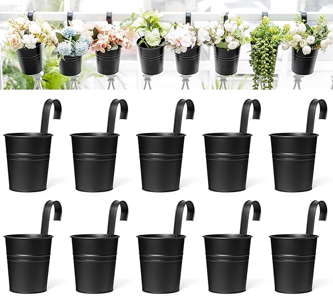 Dahey 10 Pcs 3.8 Inches Small Hanging Flower Pots Metal Iron Bucket Planter for Railing Fence Balcony Garden Home Decoration Flower Holders with Detachable Hooks, Black