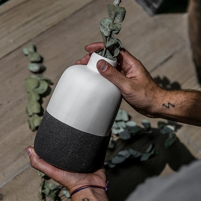 Ceramic Vase - Modern Farmhouse Decorative Vases for Home Decor Accents - Minimalist Aesthetic Flower Vases for Centerpieces, Living Room, Table, Shelf, & Office (Black & White)
