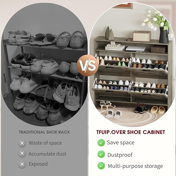 Wooden Shoe Cabinet with 4 Flip Drawers, Narrow Shoe Rack Organizer Cabinet for Classified Storage, Farmhouse Shoe Storage Cabinet for Entryway, Living Room (Grey)