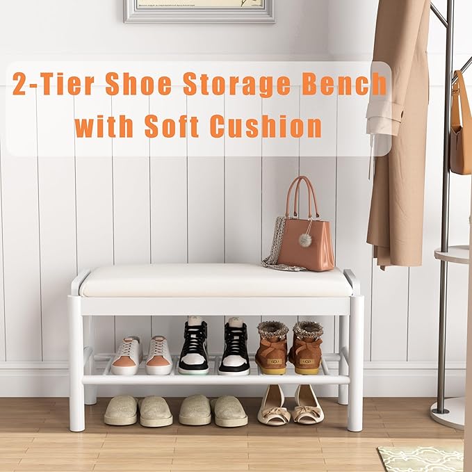 Shoe Storage Bench with Cushion - 2 Tier Shoe Rack for Front Door Entrance, Wood Shoes Rack, Entryway Bench with Shoes Storage for Closet,Hallway,Bedroom&Living Room(White, 31.5" W)