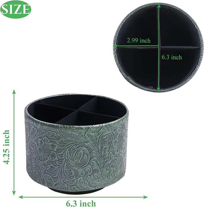lizimandu Round Leather Art Supply Organizer,Remote Control Holder,360 Degree Spinning,Multi-Functional Pencil Holder,4 Compartments Desktop Stationary Organizer(1-Carved Metal Green1)