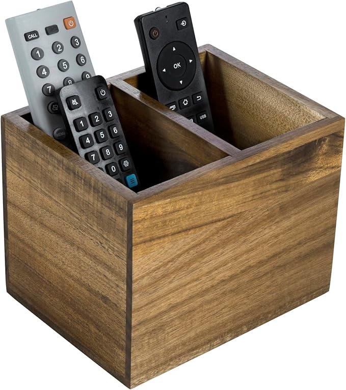 MyGift Wood TV Remote Control Holder with 2 Slots, Rustic Universal Remotes Storage Box, Sofa Table Controller Couch Caddy Holds TV, DVD, Blu-Ray Remote Controls, Premium Acacia