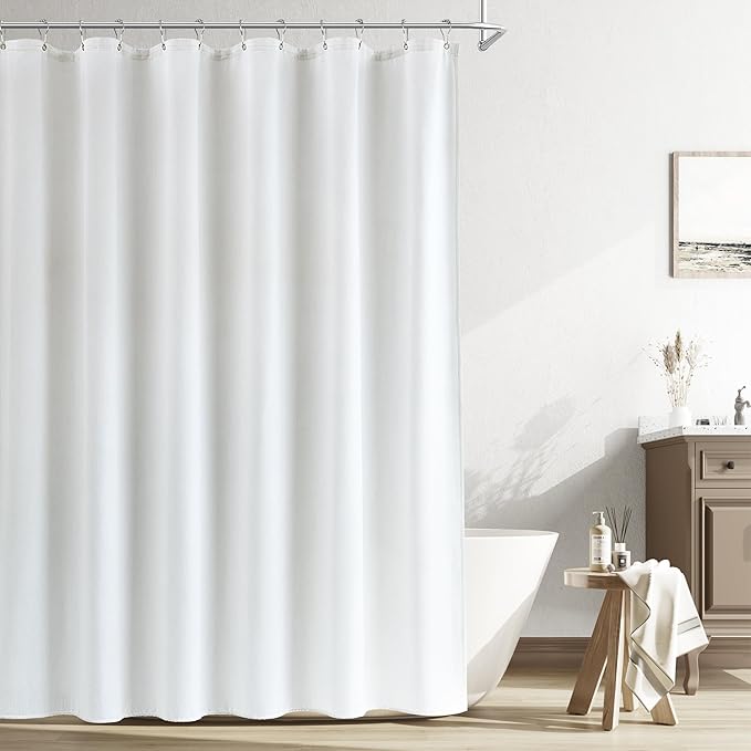 Naturoom 80 Inch Long Shower Curtain, Tall Elegant Modern Farmhouse Country Style Hotel Shower Curtain Set with 12 Hooks, Linen Textured Weighted Fabric Bath Curtains for Bathroom, White, 72x80