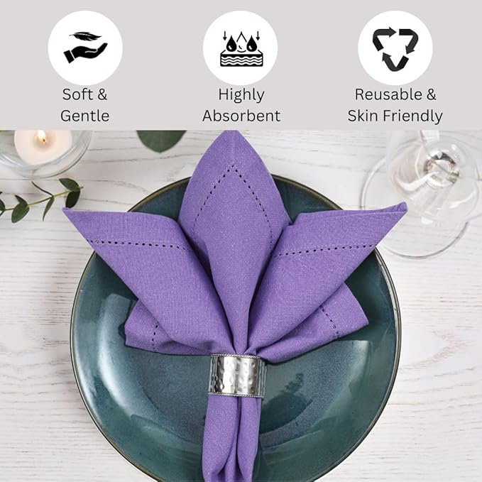 Hemstitch Dinner Napkins 100% Cotton Set of 12 - for Dining Weddings Parties Holidays Easter Everyday Use - Soft Durable Washable Table Napkins - 18x18 Inch Cloth Napkins Lavender