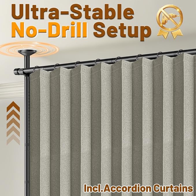 AJAZZ Privacy Curtains for Room Divider with Blackout & Soundproof (2 Panels, Grey, W100 x L96 in)+ No Drill Curtain Rods(H) 43-120×(W) 35-200 in, Wall Divider for Bedroom/Studio/Office Curtain