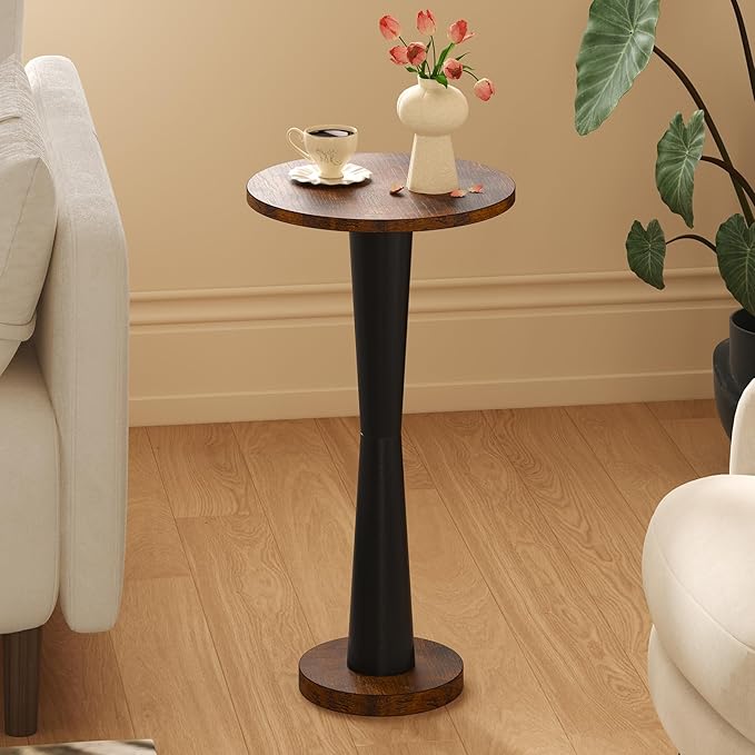 LAATOOREE Small Round Side Tables Set of 2, Wood Pedestal Drink Tables, Accent Coffee End Tables with Solid Wood Leg for Small Space, Living Room, Bedroom, Corner (2, Rustic Brown+ Black)