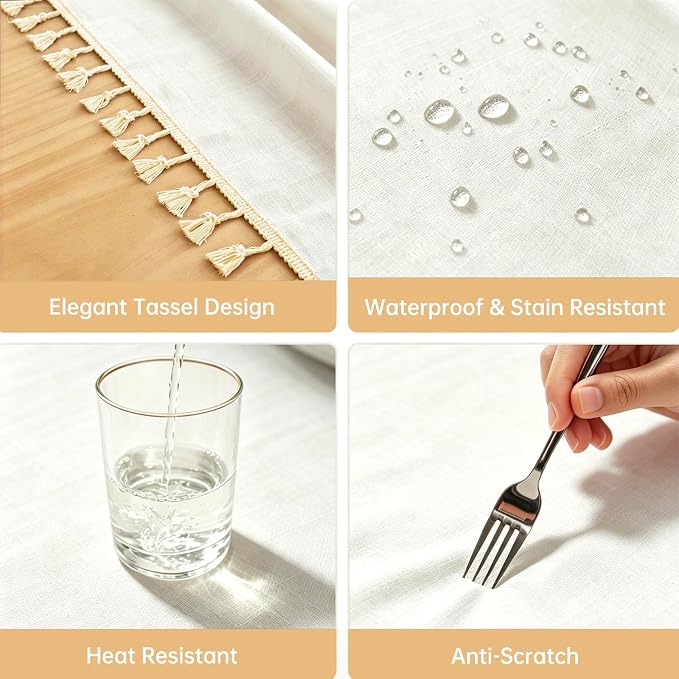 Alsoo Table Cloth Rectangle Table 55" x 106" Linen Look Texture Cotton Tablecloth Waterproof Wrinkle Free Heavy Duty Tables Cover with Tassel for Kitchen Dining Holiday Party, Ivory