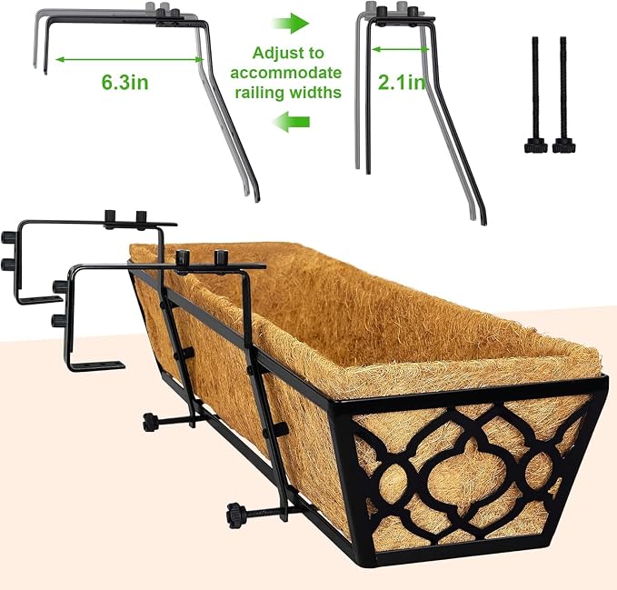 4 Pack 30 Inch Railing Planter Box with Coco Liner, Adjustable Metal Window Box Planter for Balcony Deck Fence, Hanging Flower Basket for Outdoor Garden, Black