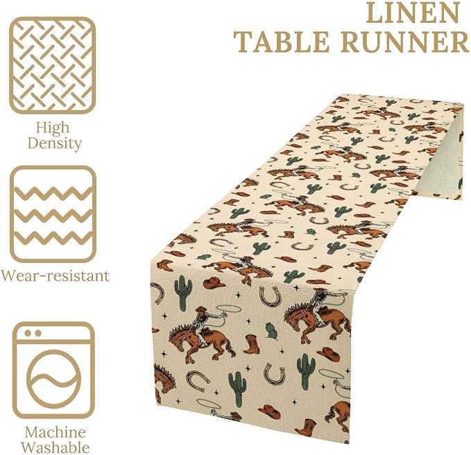 Boho Cowboy Table Runner, Western Rustic Country Horse Wild Tropical Cactus Desert Table Runner for Kitchen Dining Home Decoration, 13x36 Inch