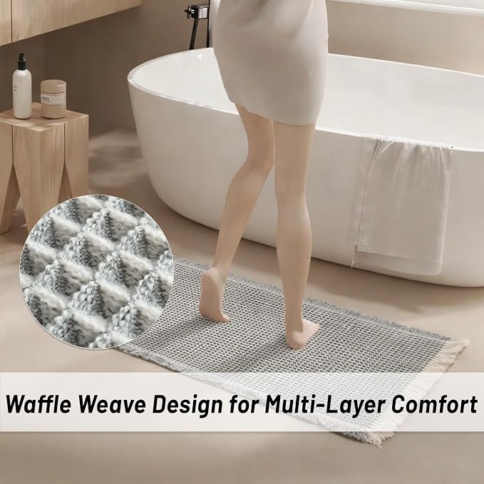 Waffle Bath Mat Set of 2, Non Slip Waffle Rugs for Bathroom, Super Absorbent & Quick Dry Soft Shower Mat for Bathroom & Kitchen Floor, Machine Washable Bath Rugs (Grey & White)