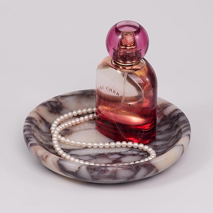 Trinket Marble Jewelry Tray - Stone Ring Key Purse Holder Dish, Small Cute Round Plate Decorative Bowl for Nightstand Entryway Coffee Table Decor (5.5 inch)