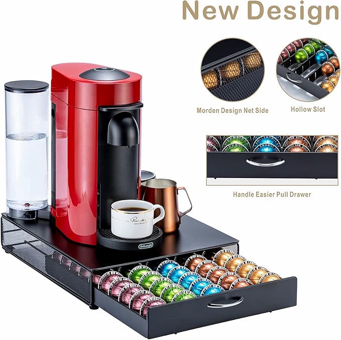 FlagShip for Nespresso Pod Storage Vertuo Pod Holder Coffee Pod Organizer Morden Design And Coffee Machine Stand Black Metal(50 Pods Capacity)