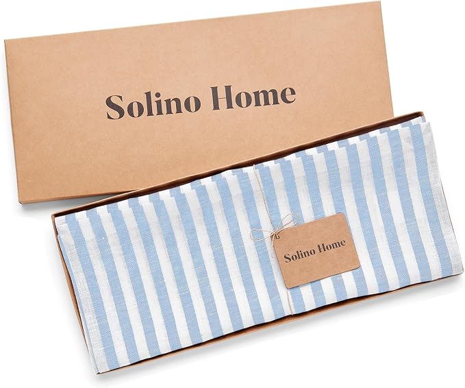 Solino Home Linen Table Runner 72 Inches Long - Amalfi Stripe, 100% Pure Linen Sky Blue and White Table Runner 14 x 72 Inch for Dining, Dresser, Summer