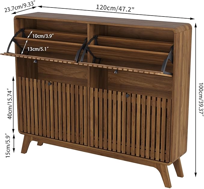 Jluomei Large Shoe Cabinet for Entryway, Bamboo Narrow Shoe Cabinet Storage with 4 Flip Drawers, Slim Fluted Shoe Rack Organizer for Entry Way, Hallway, Thin, Skinny, Wood, Walnut