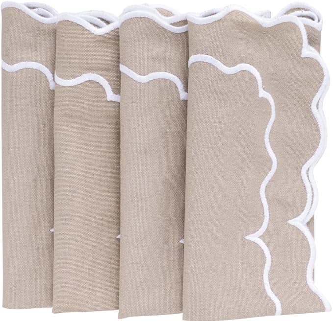 Beige Napkins, Christmas Festival Napkins, Scalloped, 100% Cotton, Embroidered, Set of 4, Table Decor Spring Summer, Winter Party Napkins, Farmhouse, Washable, Wedding Linen Napkin 18x18