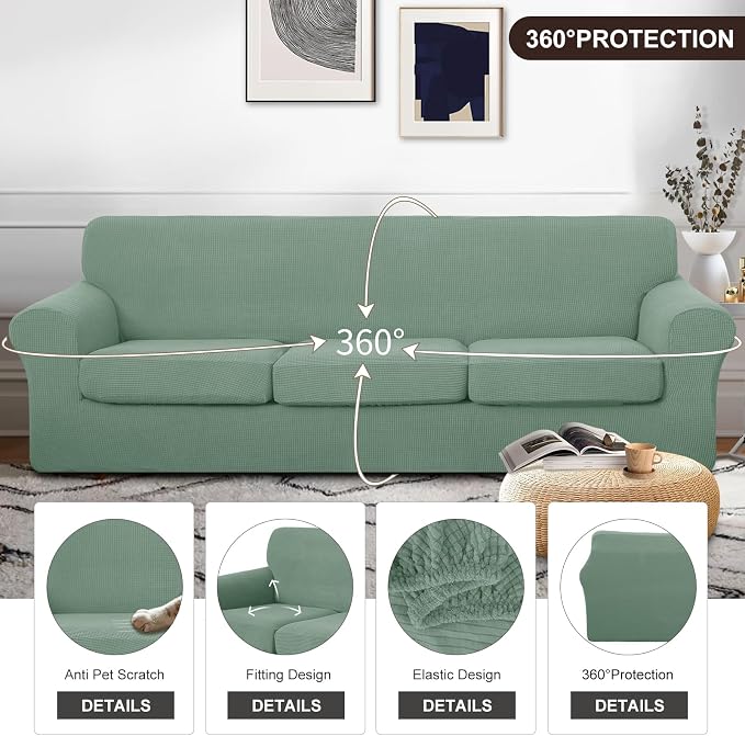 U-NICE HOME 4 Pieces Oversized Stretch Couch Cover Sofa Cover Washable Slipcover with Individual Seat Cushion for 3 Cushion Couch Sofa Pet Friendly(Oversized Sofa, Olive Green)
