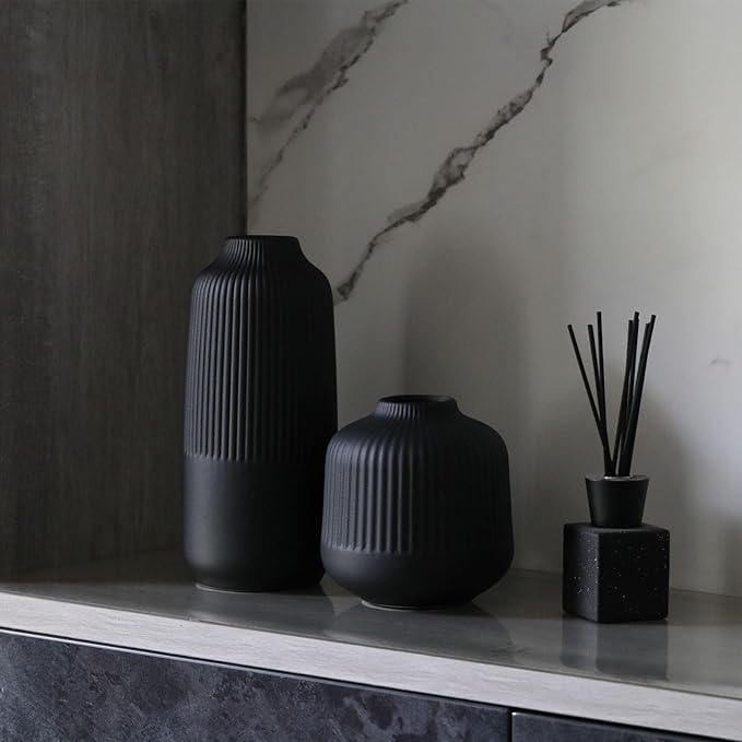 Black Ceramic Vase Set of 2, Flower Vases Home Decor, Boho Vase for Pampas Grass, Black Vases for Centerpieces Table Entryway Shelf