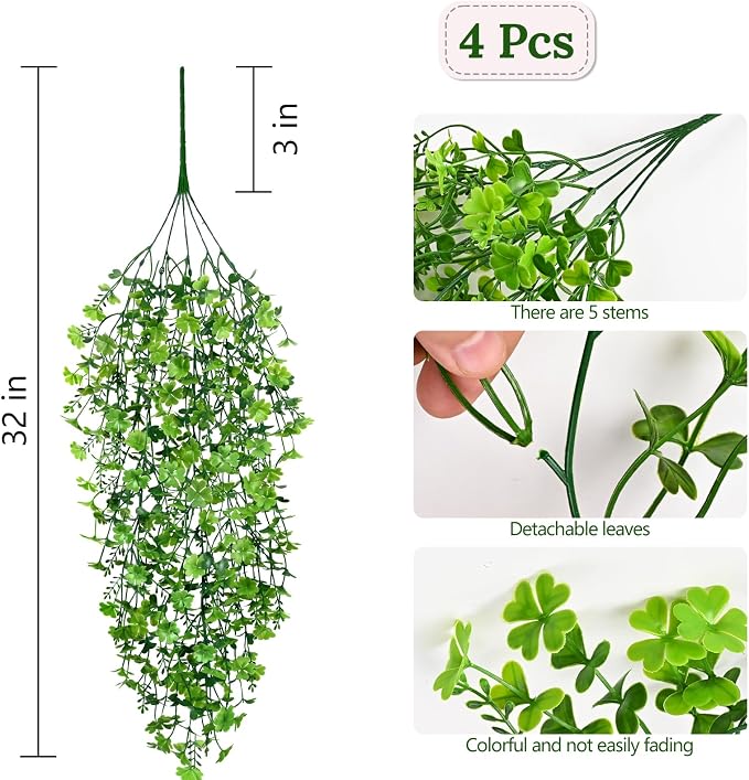 Waipfaru Artificial Hanging Four-leaf clover, 4pcs Fake Hanging Plants, Faux Ivy Pothos Vines Greenery for Wall Home Bedroom Living Room Aesthetic Kitchen Office Aesthetic Kitchen Indoor Outdoor Decor