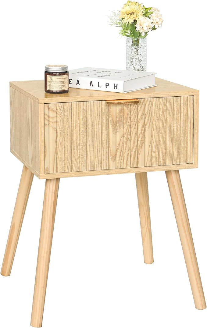 AWASEN Fluted Nightstand, Small End Tables Living Room, Wood Bedside Side Table with Storage Drawer for Bedroom and Small Space, Natural