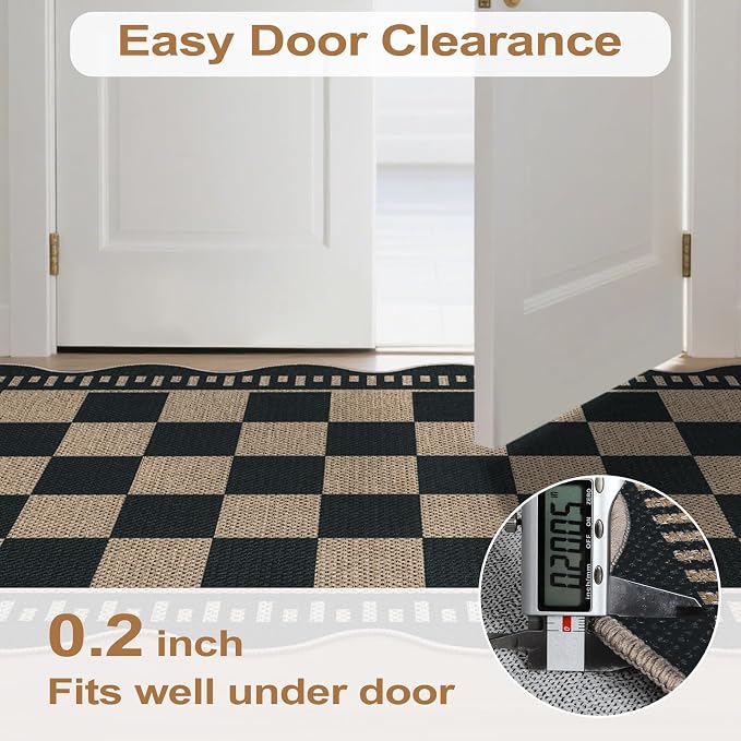 Checkered Easy Jute Front Door Mat, 2.6x4 Washable Entryway Rug Non Slip Small Kitchen Rug, Farmhouse Low Pile Floor Scalloped Rugs for Doorway Porch Bathroom