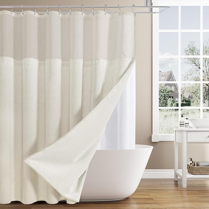 Naturoom Extra Long Shower Curtains 96 Length Natural Linen Fabric Shower Curtain with Snap in Liner Set Tall Bath Curtain with See Through Top Window and Hooks Country Farmhouse Style,Cream,72x96