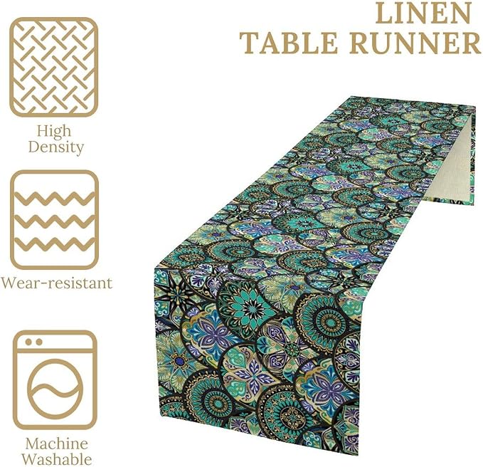 YCness Bohemian Mandala Flower Table Runner Boho Abstract Flowers Art Printed Green Table Runner Home Kitchen Dining Party Holiday Table, 13x36 Inch